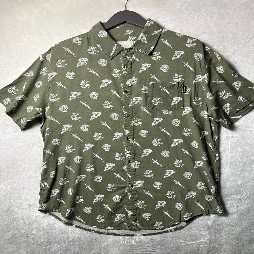 Pyknic Pizza Slayer Button Up Shirt Men's XL 2XL Olive Green Caesar Skull Hardy